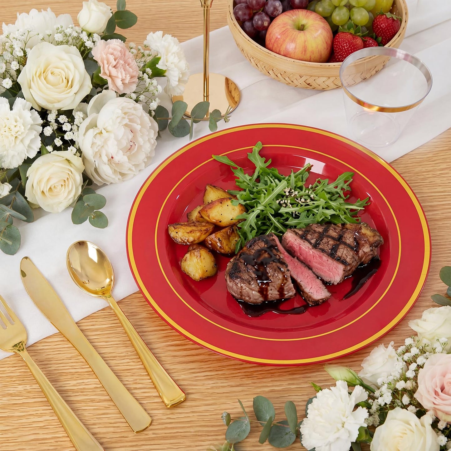 WDF Partyware 350Pieces Red Plastic Plates with Gold Rim Include 50Dinner Plate 10inch 50Dessert Plate 7inch 50 gold Cups 9 OZ, 50 Pre Rolled Napkins for Party/Baby Shower/Wedding/Spring/Mother's Day