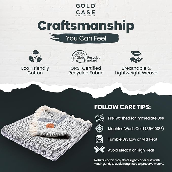 Gold Case Throw Blanket for Couch - 100% Recycled Turkish Cotton Blankets & Throws - Vintage Soft Throw Blankets for Living Room - Boho Decorative Woven Couch Blanket - 60x80 - Navy Blue