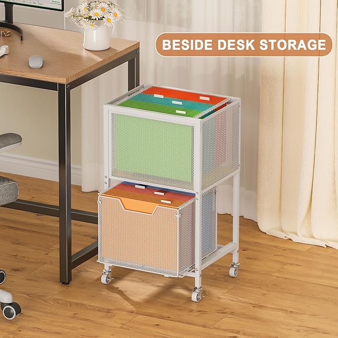 Tiaoheka Rolling File Cart, Mobile File Cabinet with Wheels Hanging Files, Hanging File Organizer Fit Letter/Legal Size Beside Under Desk for Office, Home White（Patent Pending）