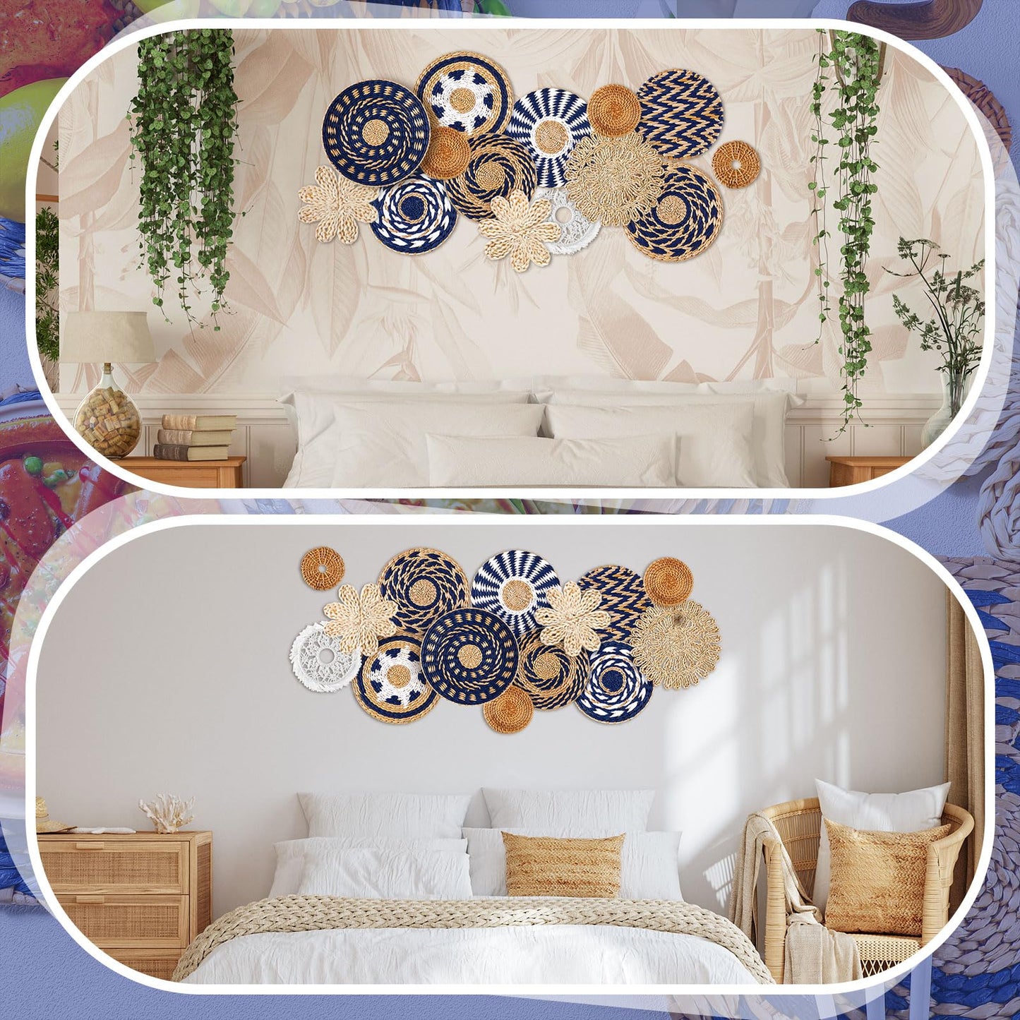 Xuhal 15 Pcs Boho Wall Basket Decor Handcrafted Seagrass Woven Wall Basket Rustic Round Woven Hanging Art for Home Farmhouse Kitchen Table Living Room(Blue Classic Style)