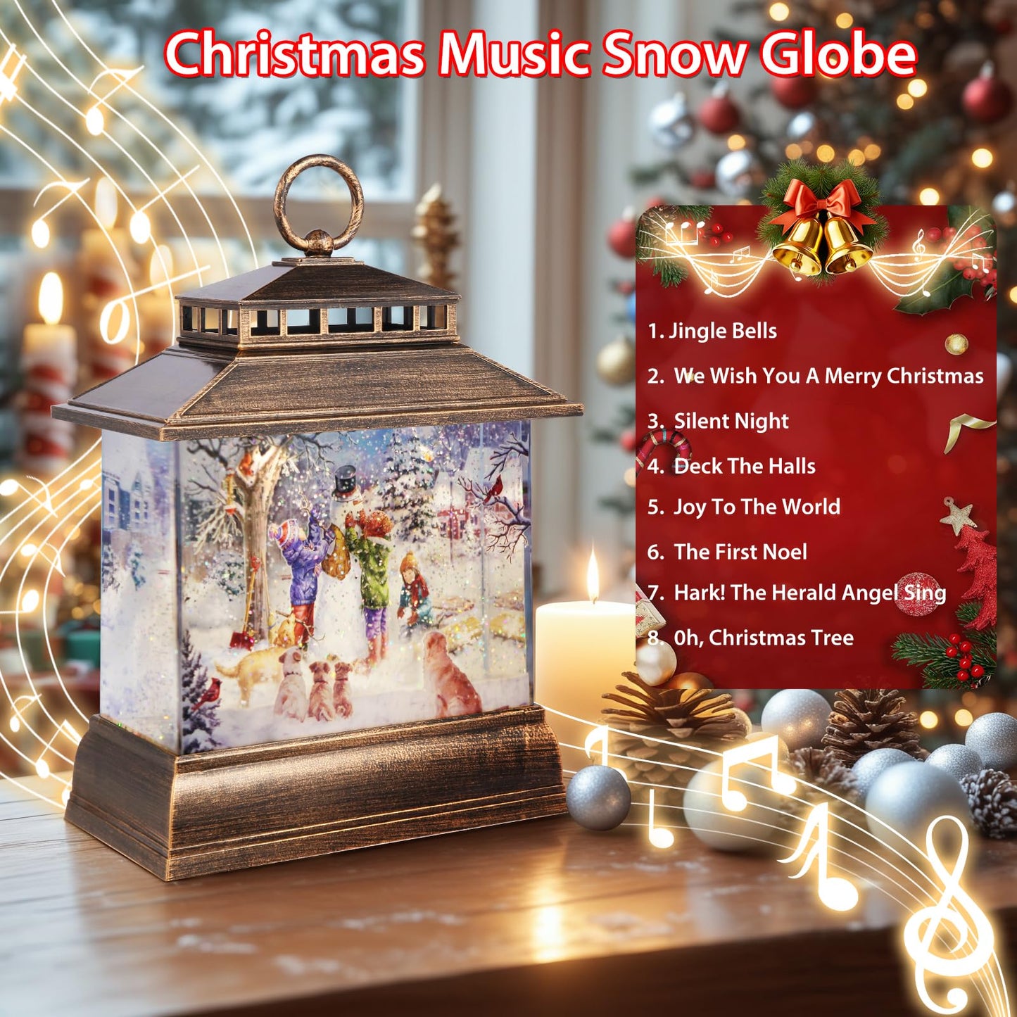 Christmas Snow Globe Lantern Water Glittering Lantern with 8 Songs & 6H Timer Romote Control Christmas Snow Globes USB & Battery Operated for Holiday Festival Decorations Gifts (Snowman and Children)