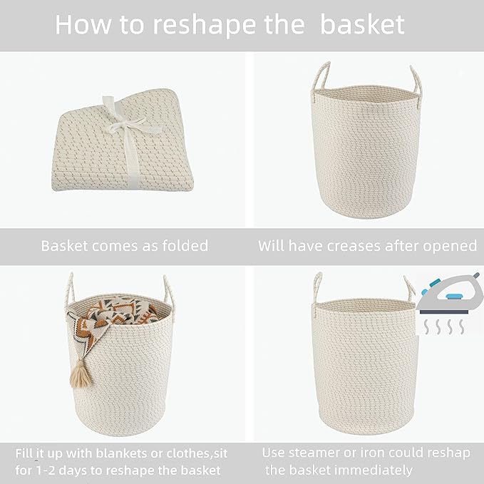 XUANGUO Cotton Rope Laundry Basket Hamper for Clothes Woven Storage Basket for Living Room Bedroom Boho Tall Rope Baskets for Blanket Toys Pillow Towels Baby Nursery Hamper Bin striped