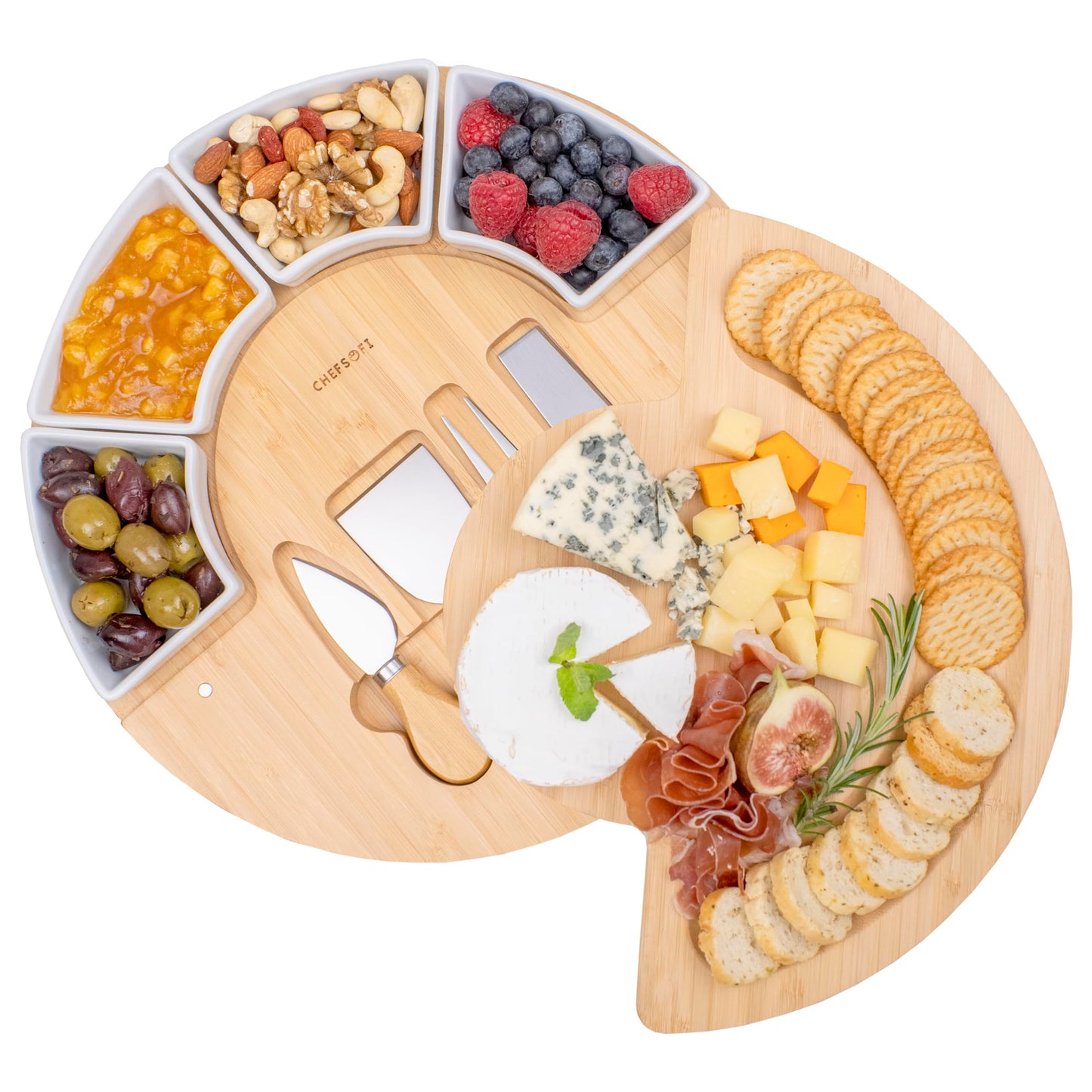 ChefSofi Charcuterie Board Set and Cheese Serving Platter - Made from Bamboo Wood - US Patented 13 inch Cheese Board and Knife Set for Entertaining and Serving - 4 Knives and 4 Bowls