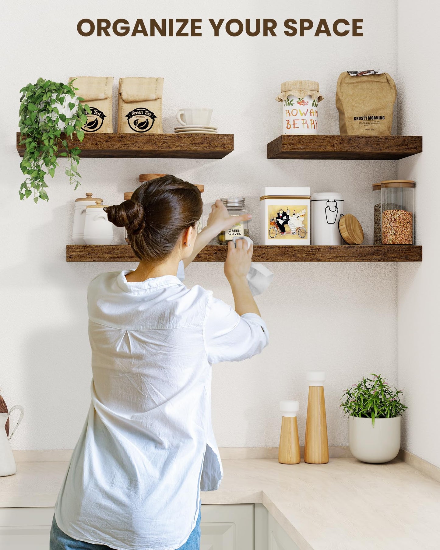 Marsmiles 30" Floating Shelves for Wall, Wooden Shelves with Invisible Brackets Set of 2, Rustic Farmhouse Wall Mounted Shelf for Kitchen Bathroom Living Room Study, Rustic Brown