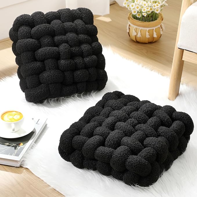 Wenqik 2 Pcs Knot Pillows Square Knotted Plush Throws Soft Accent Pillows Decoration Cushion for Couch Home Office Living Room Bedroom Bed Sofa Decor, 12'' x 13''(Black,Lambswool)
