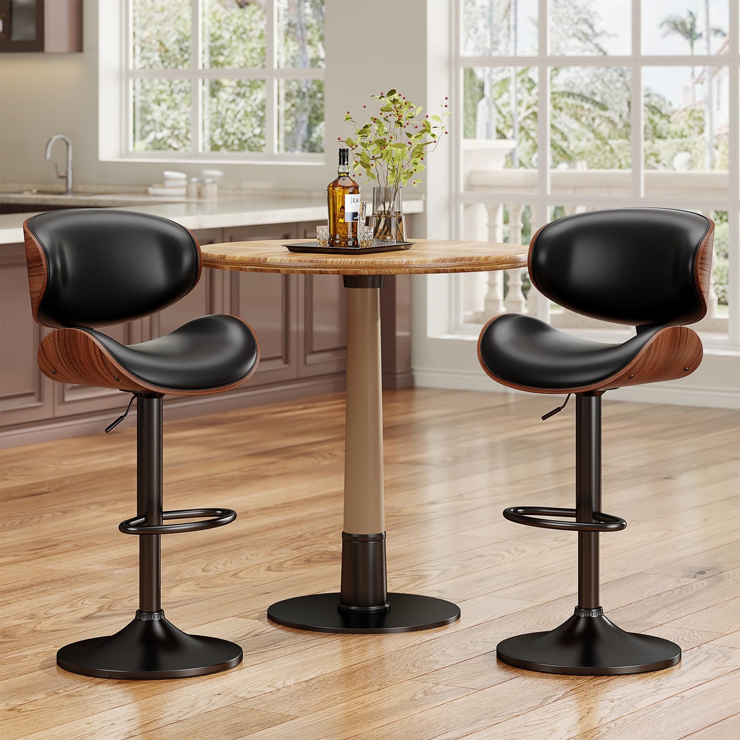 YaFiti Swivel Bar Stools Set of 2 for Kitchen Counter, Adjustable Bentwood Barstools, Modern PU Leather Upholstered Bar Chair with Back and Footrest, for Bar, Kitchen, Dining Room, Black