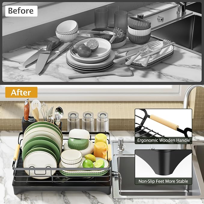 Epicano Dish Drying Rack for Kitchen Counter,Black,Large Capacity | Raised Feet,Rustproof,Wooden Handle,Auto-Drainage System,Cup Holder & Knife Slots, Sink Storage Organizer