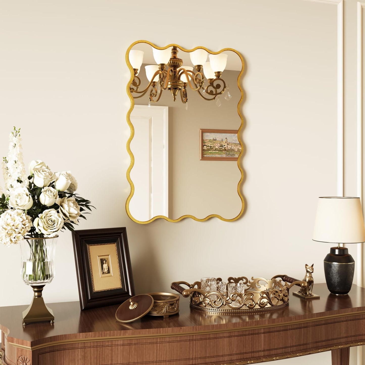 Kelly Miller 22x32 Inch Gold Scalloped Mirror, Large Rectangular Wavy Edge Bathroom Vanity Wall Mirror Decorative for Bedroom Living Room Entryway Fireplace Mantle
