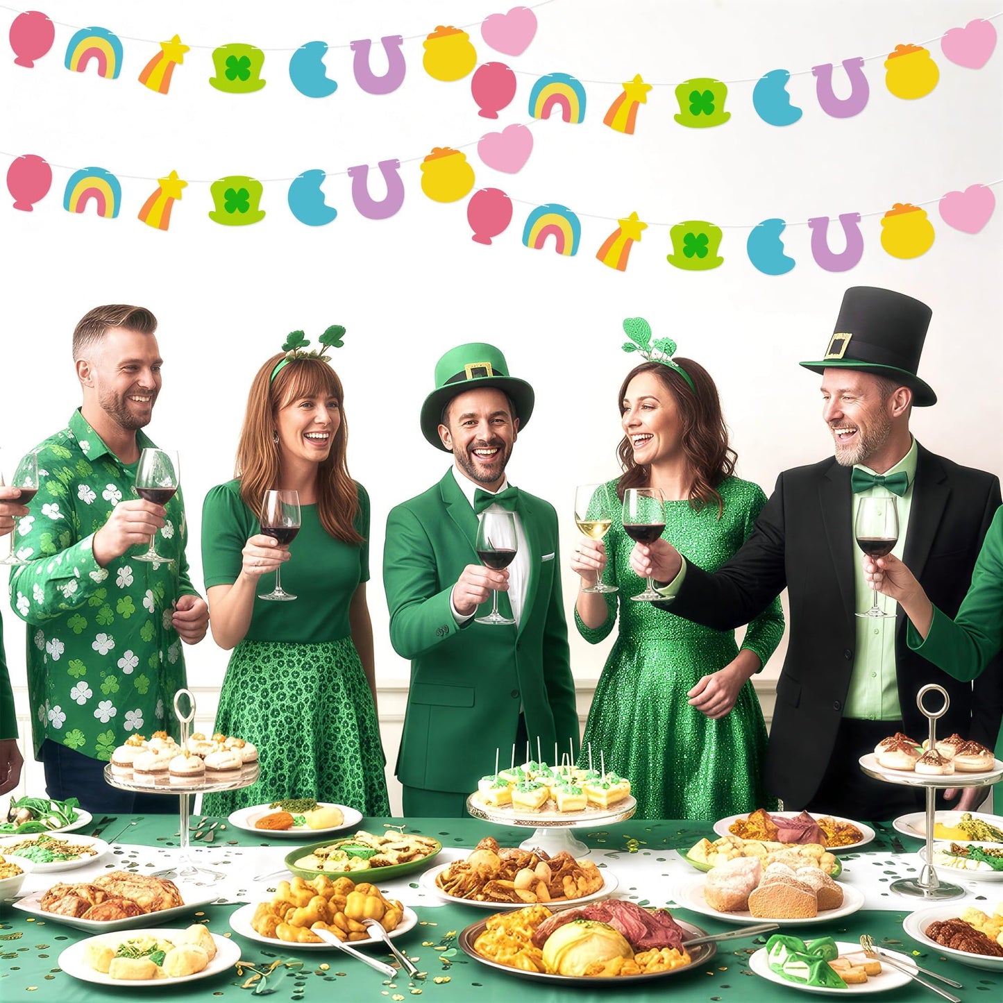 Qimgic St. Patrick's Day Banner - 4pcs Lucky Charms Hanging Garland Decoration, No DIY Needed Green Shamrock Clover Party Supplies Hang Paper Bunting for Home Classroom Fireplace Wall 8.5 Feet