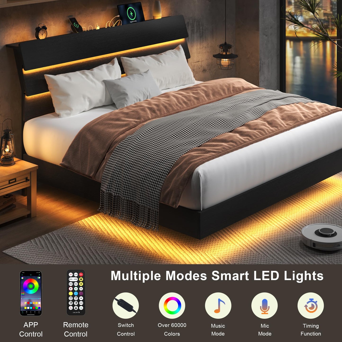 Feonase Floating Bed Frame King with Led Lights and Charging Station, Wood Full Size Bed Frame with Storage Headboard, Heavy Duty Metal Slats, No Box Spring Needed, Easy Assembly,Dark Black