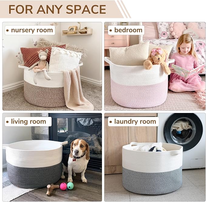 INDRESSME XXXLarge Blanket Basket for Living Room 21.7" x 21.7" x 13.8"-Storage Basket with Handle for Organizing Toy Pillows Woven Cotton Rope Laundry Basket Stuffed Animal Toy Storage for Play Room