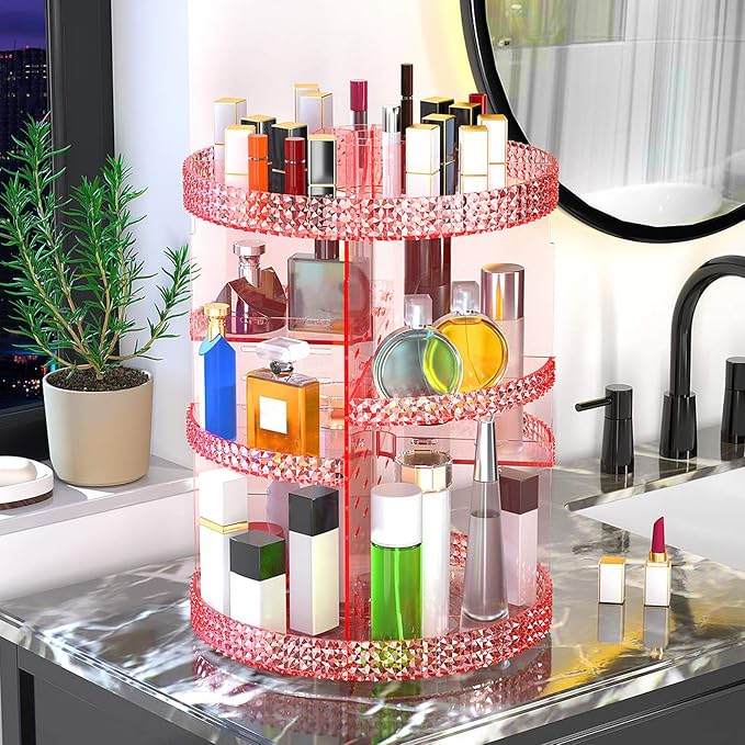 Awenia Makeup Organizer 360-Degree Rotating, Adjustable Makeup Storage, 7 Layers Large Capacity Cosmetic Storage Unit, Fits Different Types of Cosmetics and Accessories, Plus Size(Pink)