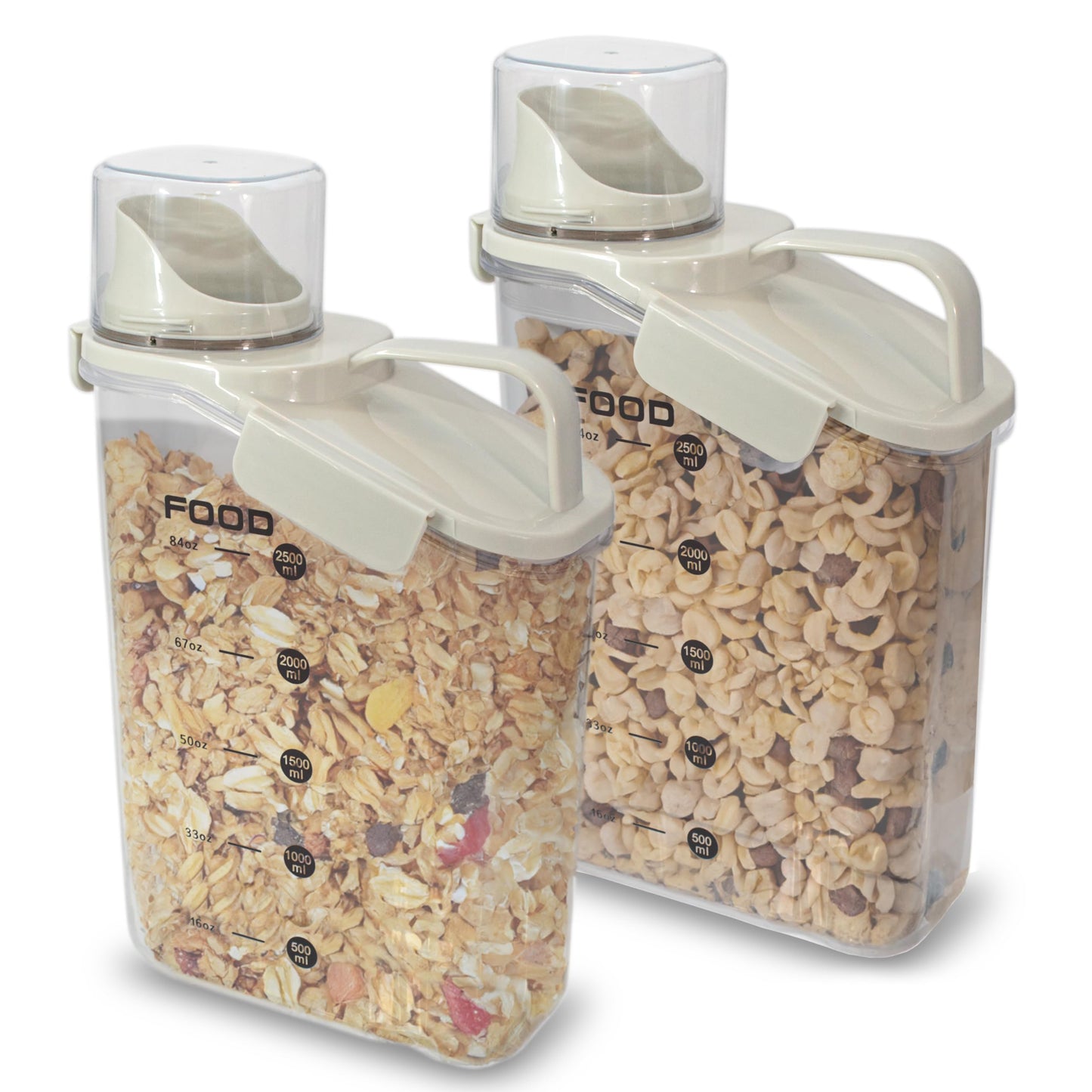 Two Pack Food & Cereal Storage Container - 2.6L Airtight Plastic Kitchen Organizer Bin with Pouring Spout, Measuring Cup Lid, Ideal for Dry Food, Rice, Sugar, Pet Food dispenser - BPA free