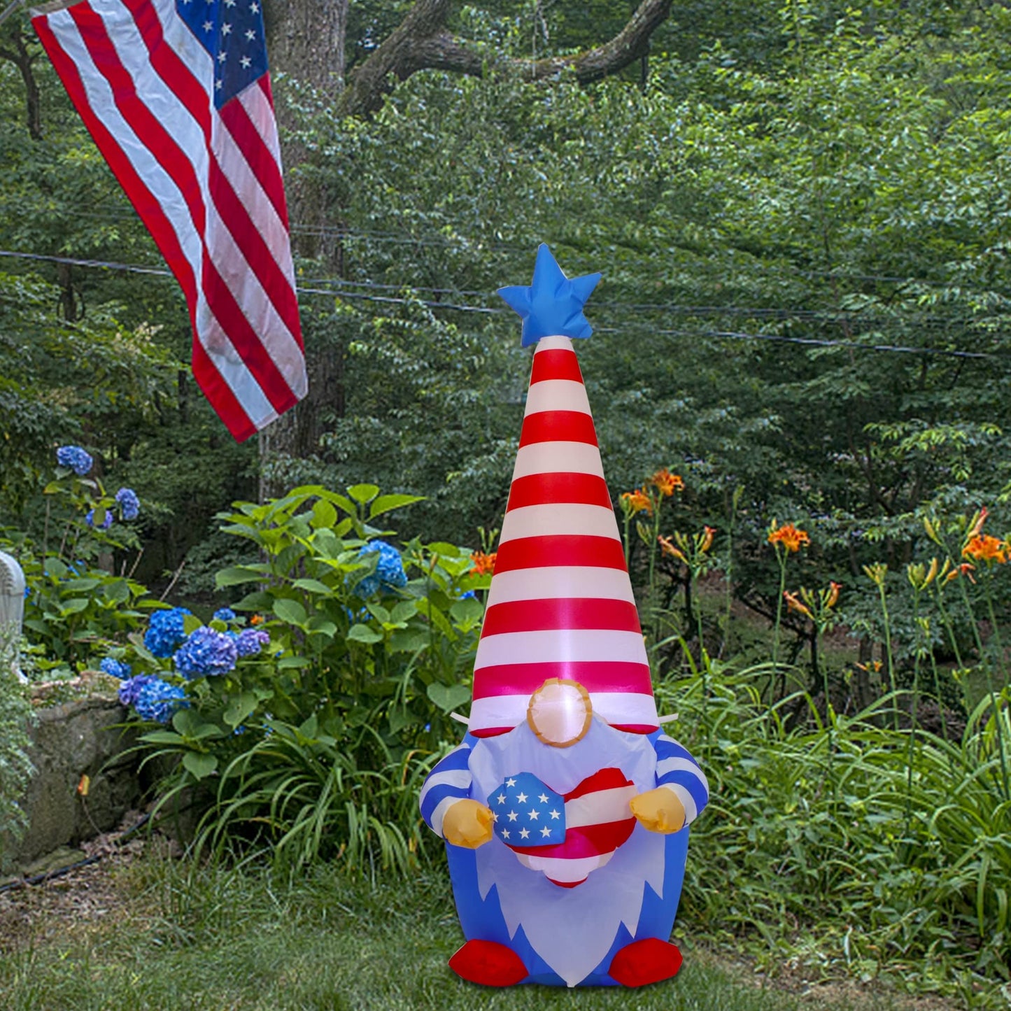 Juegoal Patriotic Independence Day Inflatable, 4FT Blow Up Gnome, 4th of July Outdoor American Uncle Sam, Lighted Tomte Elf with Top Hat for Lawn Yard Home Veterans Day Celebration Garden Decor