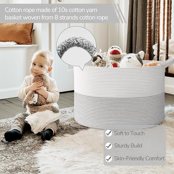 INDRESSME 115L Extra Large Blanket Basket, Cotton Rope Toy Baskets Storage Kids Toy Bin for Playroom Decor Woven Baby Laundry Basket for Organizing, Black Stitch