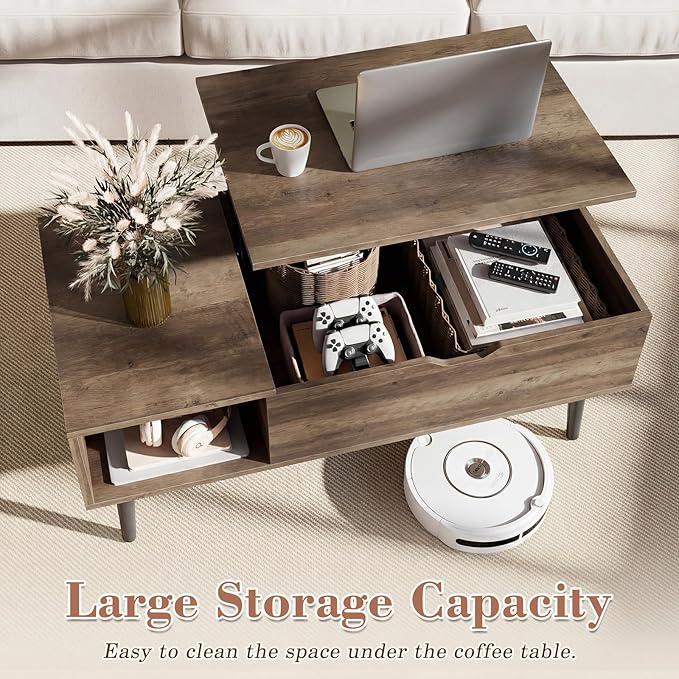 OLIXIS Wooden Coffee Table, Lift Top Coffee Stand with Large Hidden Compartment and Ample Storage Shelf, Lift Tabletop Dining Table for Living Room, Home Small Space, Grey