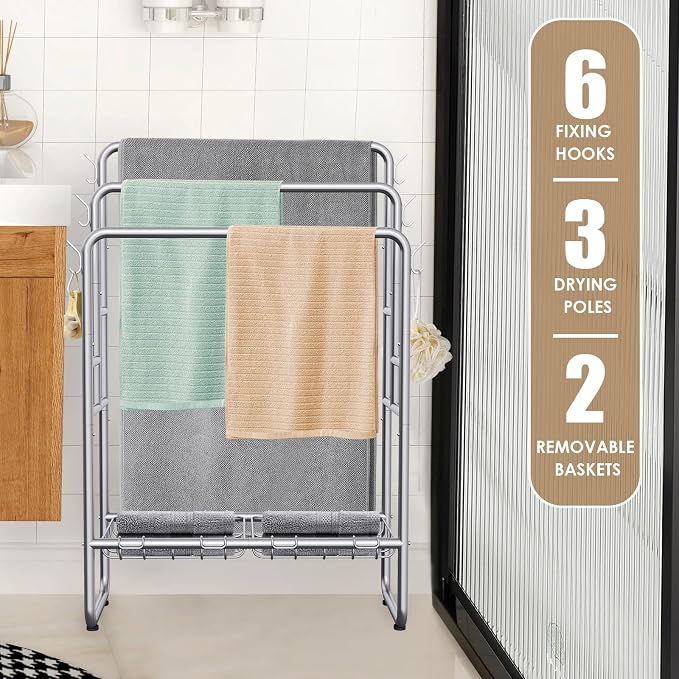 Kayfia 40" H Towel Rack Freestanding, 3-Tier Bath Towel Holder Stand with Storage Baskets & Hooks, Blanket Drying and Display Rack for Oversized Bath Towels, Metal Towel Rack Stand Indoor Outdoor