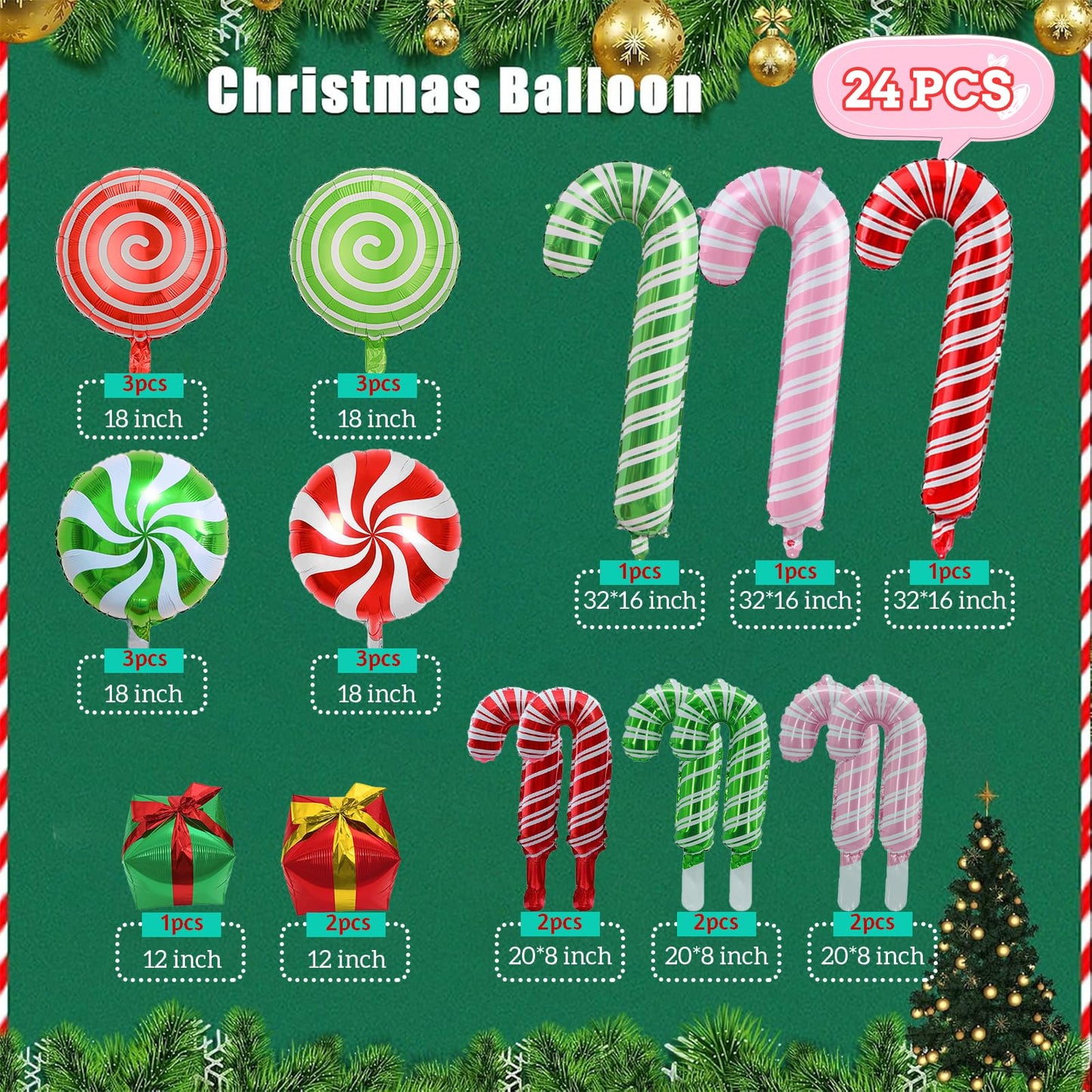 24 Pcs Christmas Balloons, Candy Cane Swirl Gift Box Balloons, Foil Red Green Pink Balloons Kit for Christmas Party Birthday Candy Themed Party Decorations