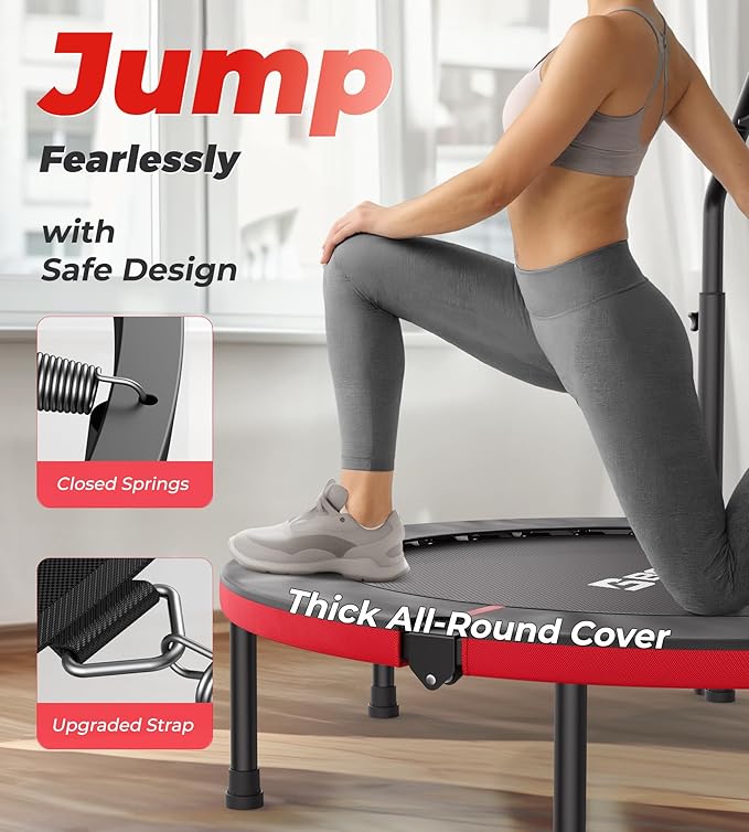 BCAN 40"/48" Foldable Mini Trampoline, Rebounder Trampoline for Adults, U/T Adjustable Foam Handle, Exercise Rebounder for Adults Indoor/Garden Workout, Max Load 330lbs/440lbs