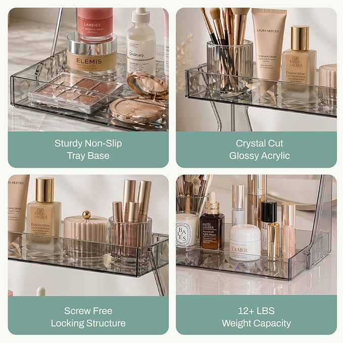 Perfume Organizer for Vanity, Premium Clear Acrylic Makeup Organizer Countertop with Non-Slip Trays, Easy 30-Second Assembly, Holds 12–16 Bottles for Bathroom & Dresser (Dark Diamond)