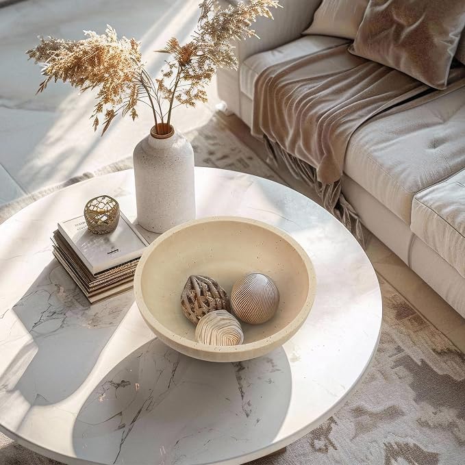 YMXYJM Large Decorative Bowl, Fruit Bowl for Kitchen Counter, Modern Resin Bowl for Home Decor, Key Holder for Entry Table, Artificial Travertine Beige