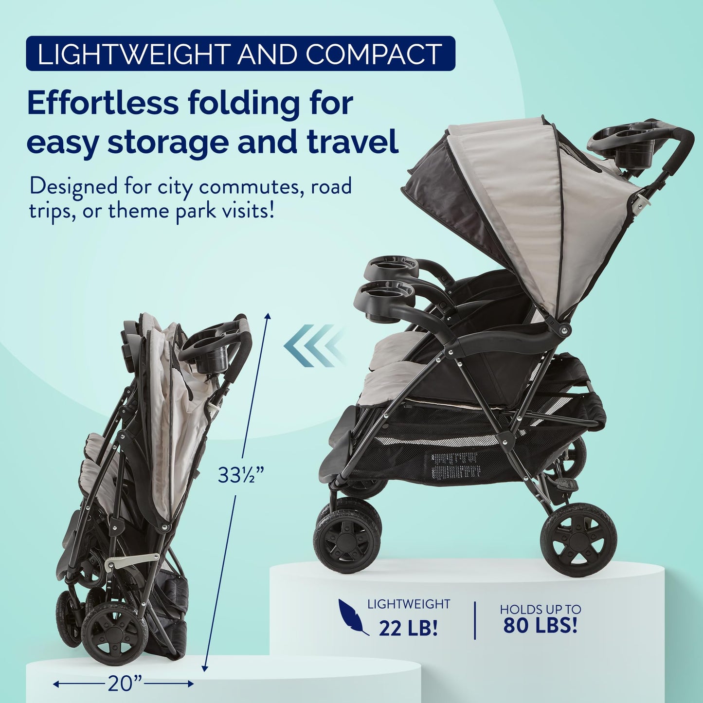Kolcraft Cloud Plus Lightweight Double Stroller Side-by-Side for Infant Toddler, Compact Folding Travel System with Reclining Seats, Canopies, Storage Basket, Trays, Easy Maneuver - Slate Gray
