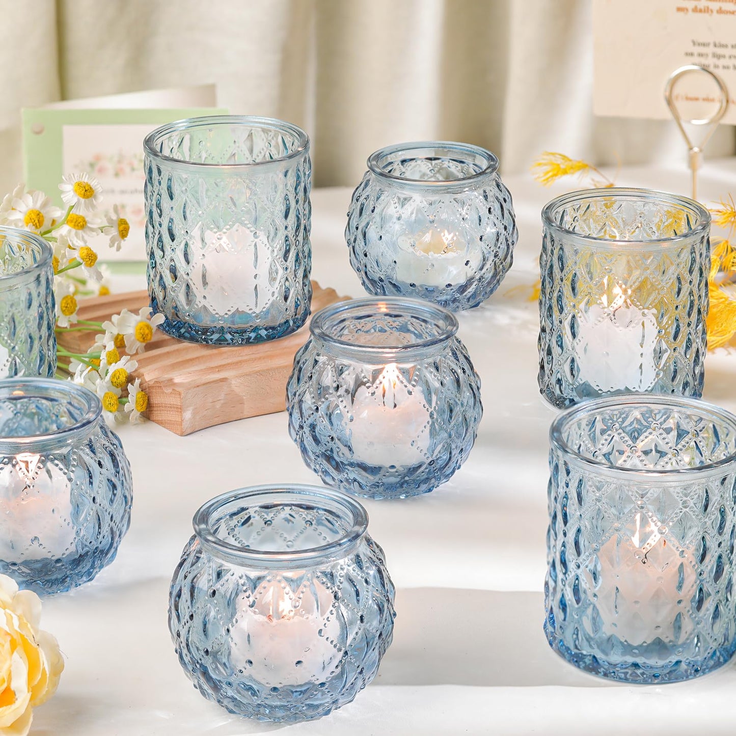 DARJEN Blue Votive Candle Holder Set of 20, Upgraded Size Tea Light Candle Holder Glass for Wedding Table Centerpieces, Elegant Bulk Votive Holders for Party, Proposals and Wedding Shower