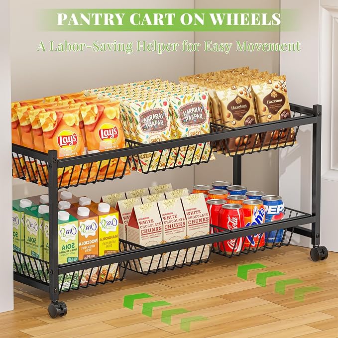2-Tier Rolling Pantry Cart on Wheels with 6 Removable Baskets, Sturdy Pantry Floor Organizer and Storage, Kitchen Storage Cart for Fruit Vegetables, Snack Organizer for Pantry Kitchen Living Room