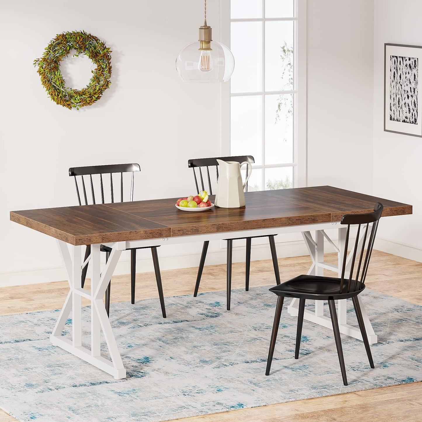 Tribesigns Farmhouse Dining Table for 6 People, 70.8-Inch Rectangular Wood Dining Table, Rustic Kitchen Table with Heavy Duty Metal Legs for Dining Room (Brown/White)