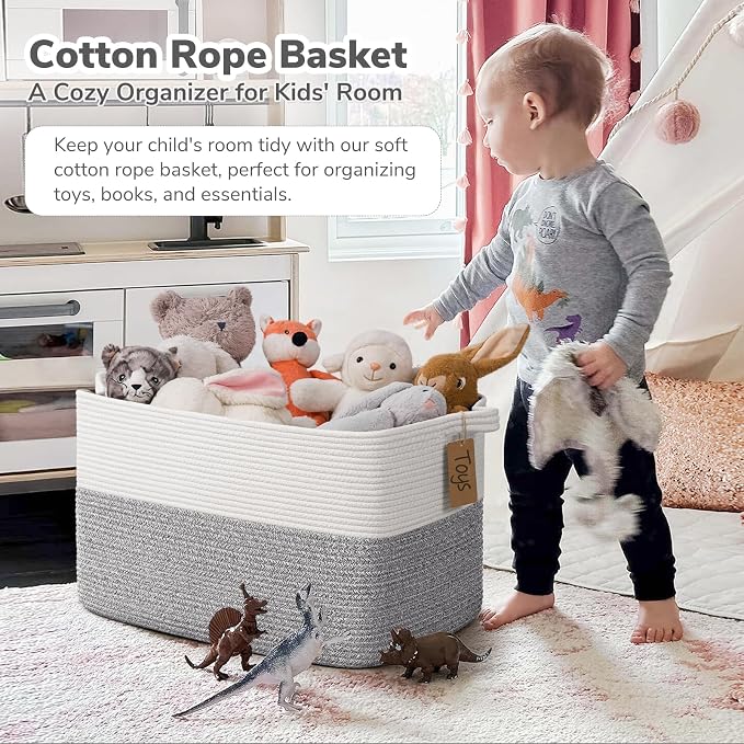 Goodpick Woven Storage Baskets for Organizing 22”x17”x12” Large Blanket Basket for Living Room Home Decor, Rectangle Rope Toy Basket for Kids, Gift Baskets Empty with Handles, Gray