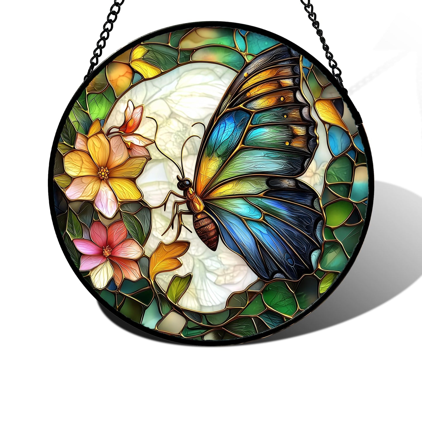 DASTOLL Stained Glass Window Hanging, Butterfly Flower Sun Catchers Diamond Glass Panel Hangings Insect Suncatcher Decor for Birthday for Women, Men, Wife, Aunt, and Mom 6.3 in