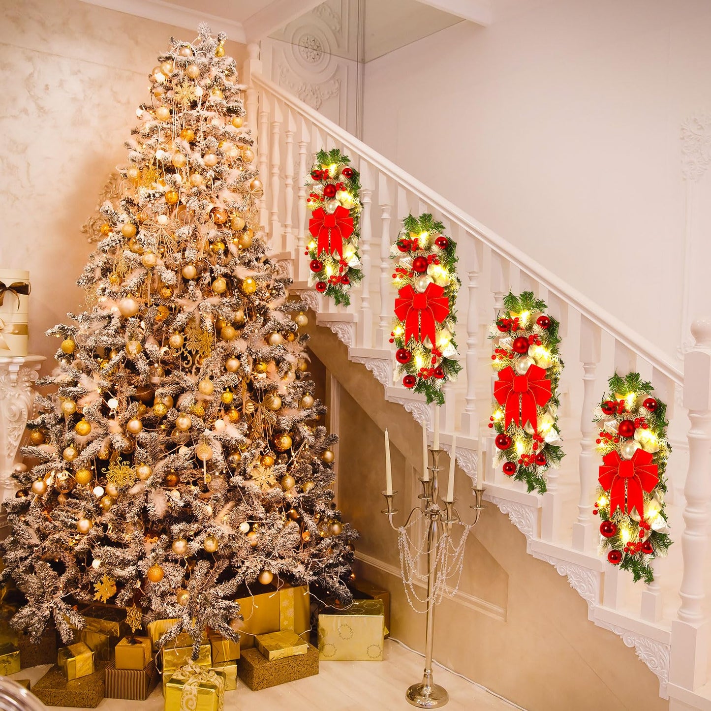 Giegxin 4 Pcs 19.7 Inches Light up Christmas Stair Swags LED Prelit Teardrop Swag Norfolk Pine Garland Artificial Stairs Garland Pine Cone Props for Indoor Outdoor Hanging Decor