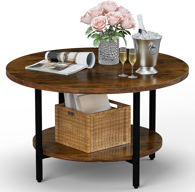 FAMIDGE Round Coffee Table, 27.6" Circle Coffee Table for Living Room, 2-Tier Wood Accent Center Table with Open Storage Industrial Design Home Furniture, Rustic Brown
