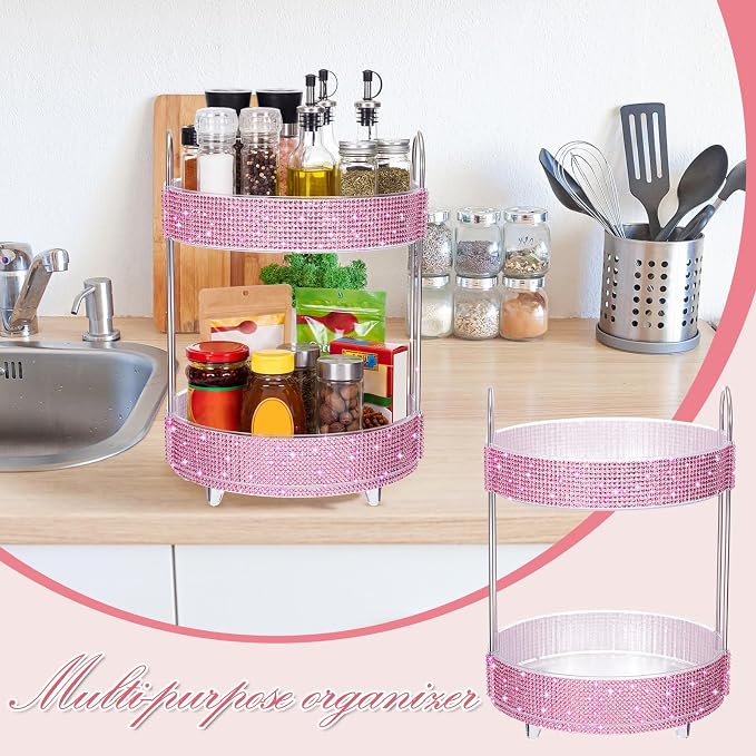 Honeydak 360 Rotating Perfume Organizer Gift for Women, Rhinestone Preppy Skincare Organizer Bathroom Counter Makeup Holder Skincare and Perfume Storage for Cosmetic(2 Tiers,Resin Diamond,Pink)