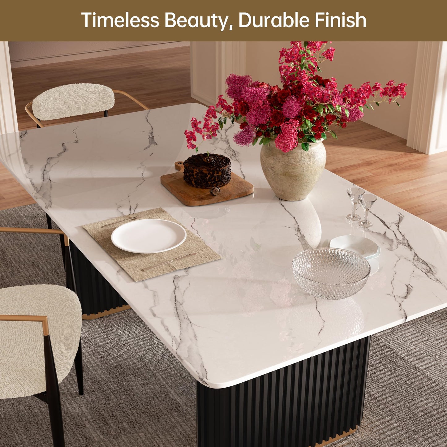 Morden Fort Marble Dining Table for 6, 70 Inch Modern Kitchen Table with Black Fluted Base and Gold Trim for Ktichen, Dining Room and Reception