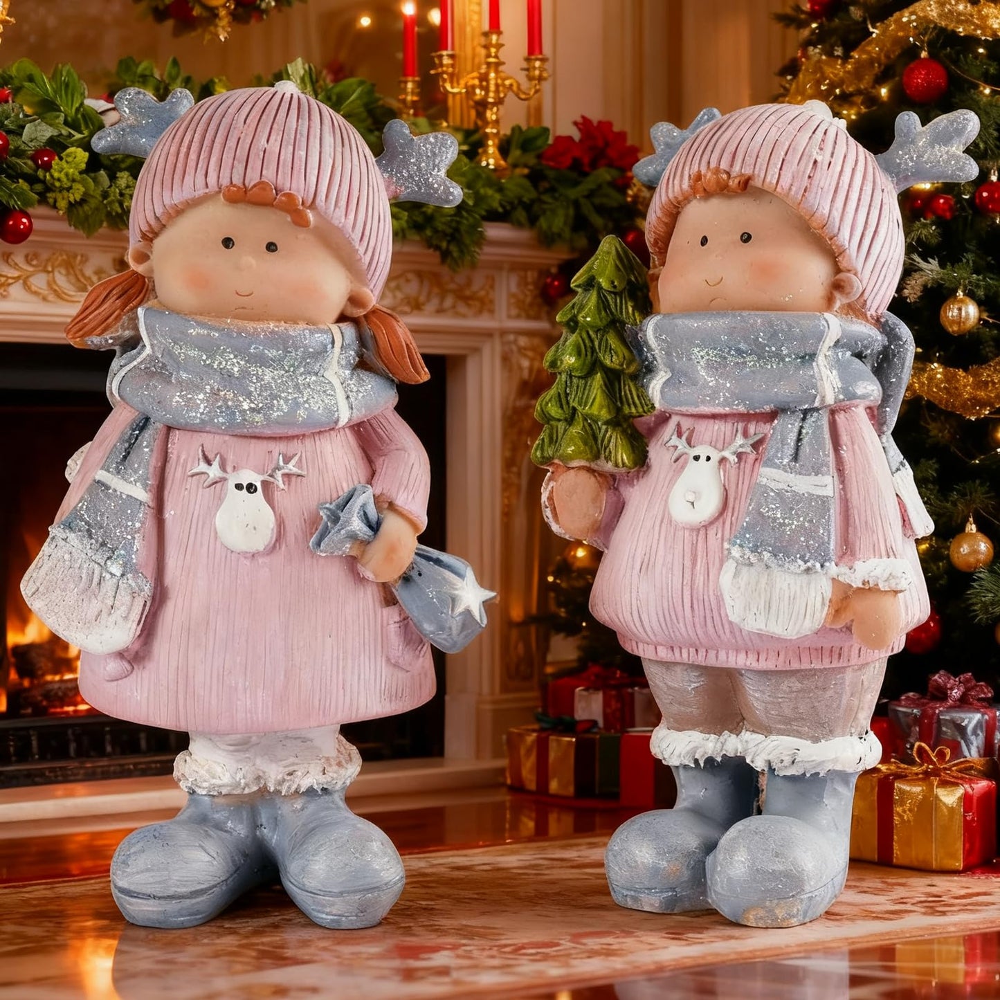 Brizoria Christmas Home Decor Cute Girl Dolls Set of 2 Resin Miniature Figurines with Reindeer Hats Winter Decorations for Home Mantel Tiered Tray Tabletop Christmas Decorations Indoor