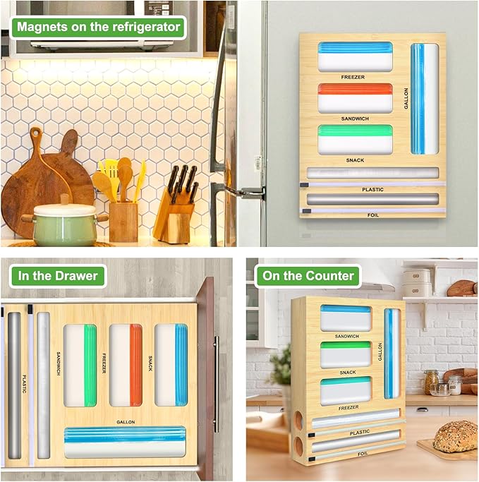 MSJGA Magnetic Food Bag Storage Organizer for Drawer or Refrigerator, Compatible with Gallon,Quart, Sandwich, Snack & Variety Size Bags