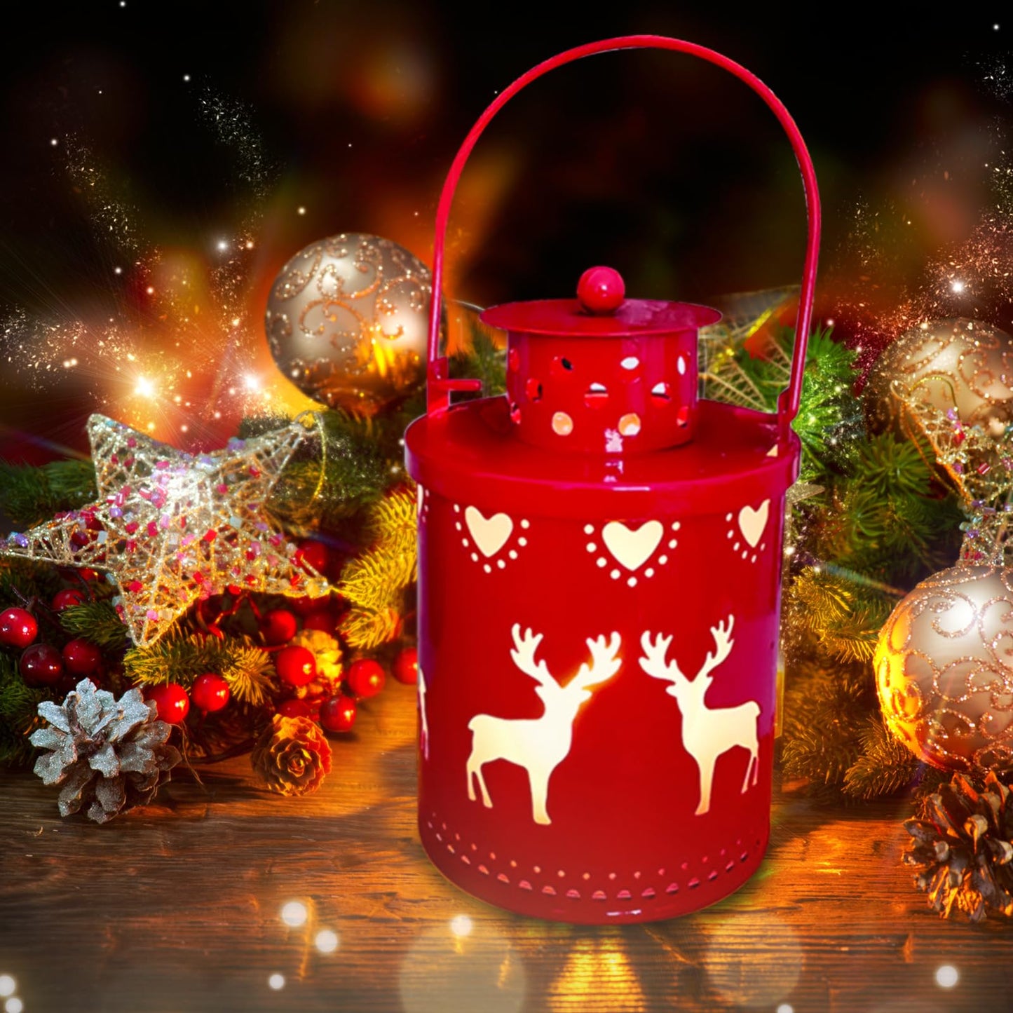 YBB 3 Pack Christmas Decorative Lantern Lights, Flameless Battery Operated Hanging Metal LED Candles Lanterns for Christmas Centerpiece Table Indoor Outdoor Party Decoration