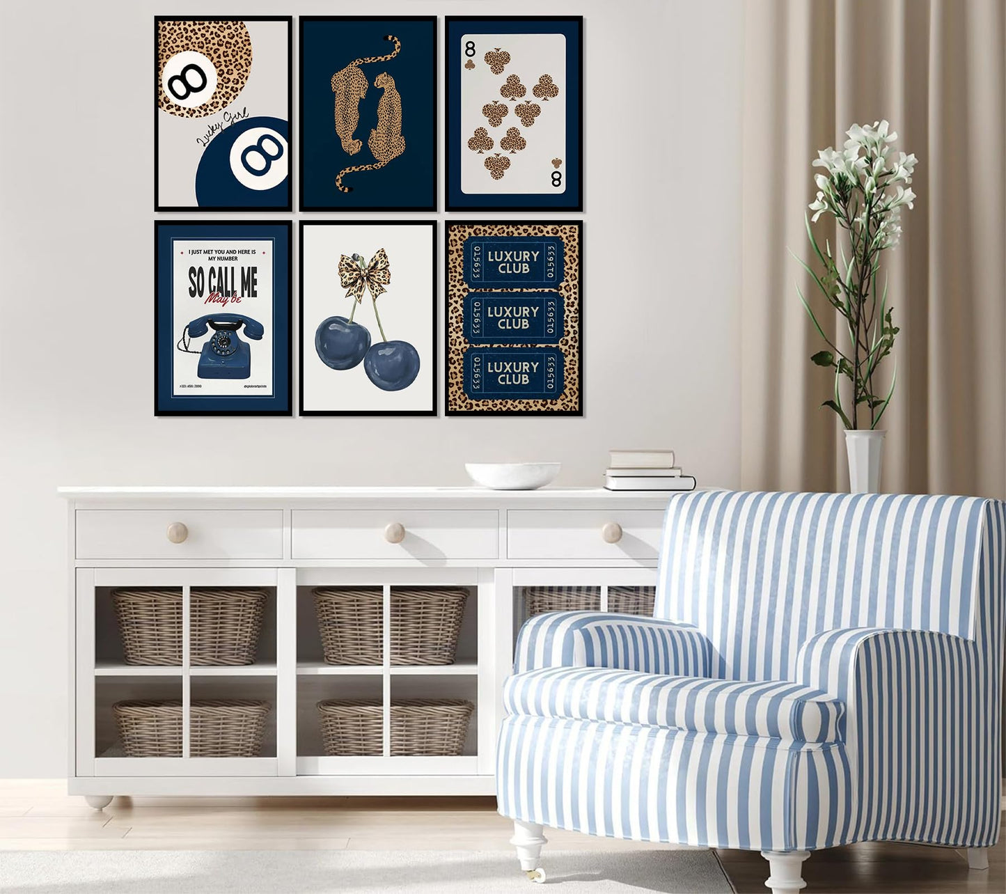 6Pcs Navy Blue Trendy Leopard Canvas Wall Art Fashion Lucky 8 Ball Painting pictures Preppy Y2K Aesthetics Wall Decor Trend Cheetah Prints Artwork for College Dorm Home Decoration 8x10in Unframed