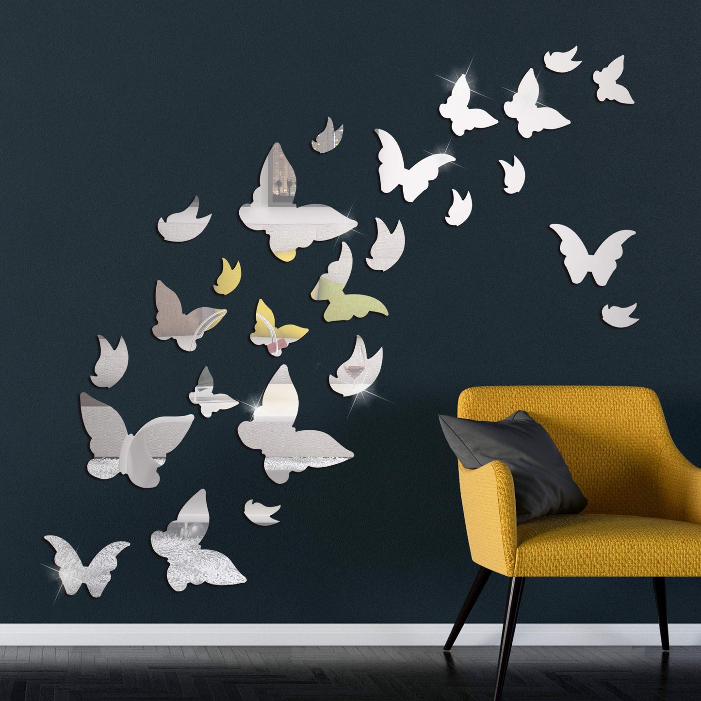 Amaonm 21 PCS Silver Mirror Acrylic Butterfly Wall Decals, 3D Crystal Butterfly Removable Stickers DIY Art Decor for Kids Nursery Bedroom Living Room Bathroom Door Home Wall Mural
