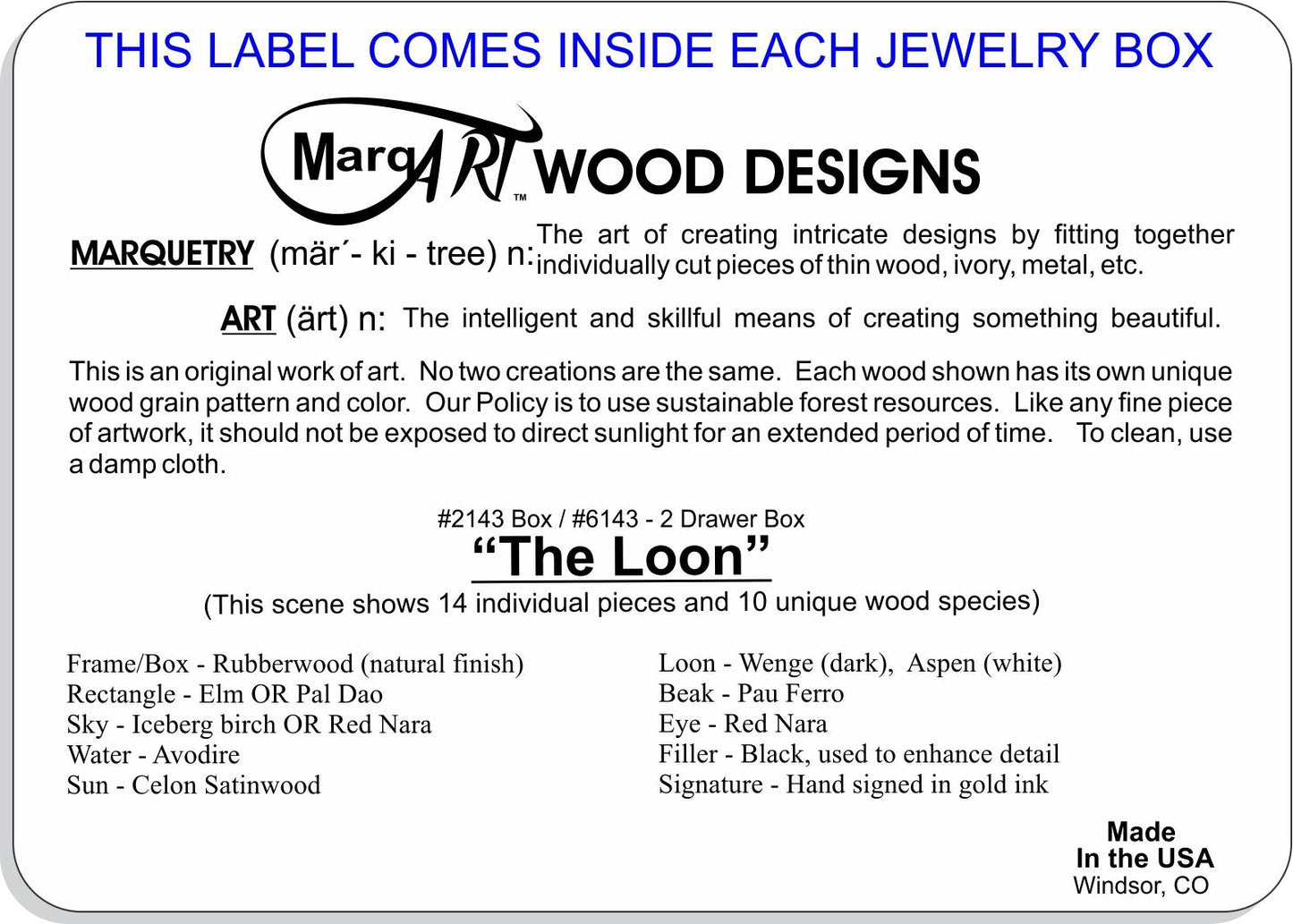MarqArt Wood Art Loon Box - Handmade in USA - Unmatched Quality - Unique, No Two are the Same - Original Work of Wood Art. A Bird Gift, Ring, Trinket or Jewelry Box (#2143 The Loon 6x8x2)