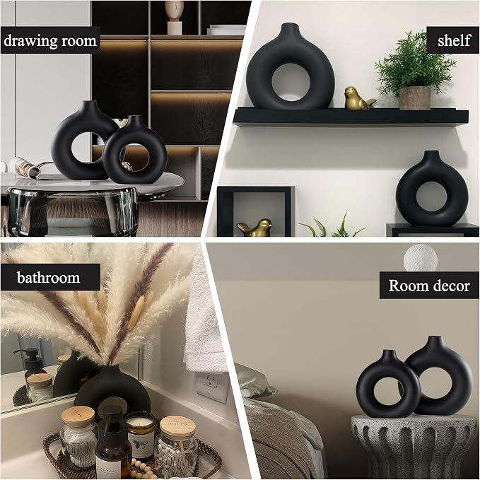 Black Ceramic Donut Vase Set of 2, Hollow Round Matte Pampas Flower Vases for Boho Home Wedding Party Room Dinner Table Shelf Decor.（Black）