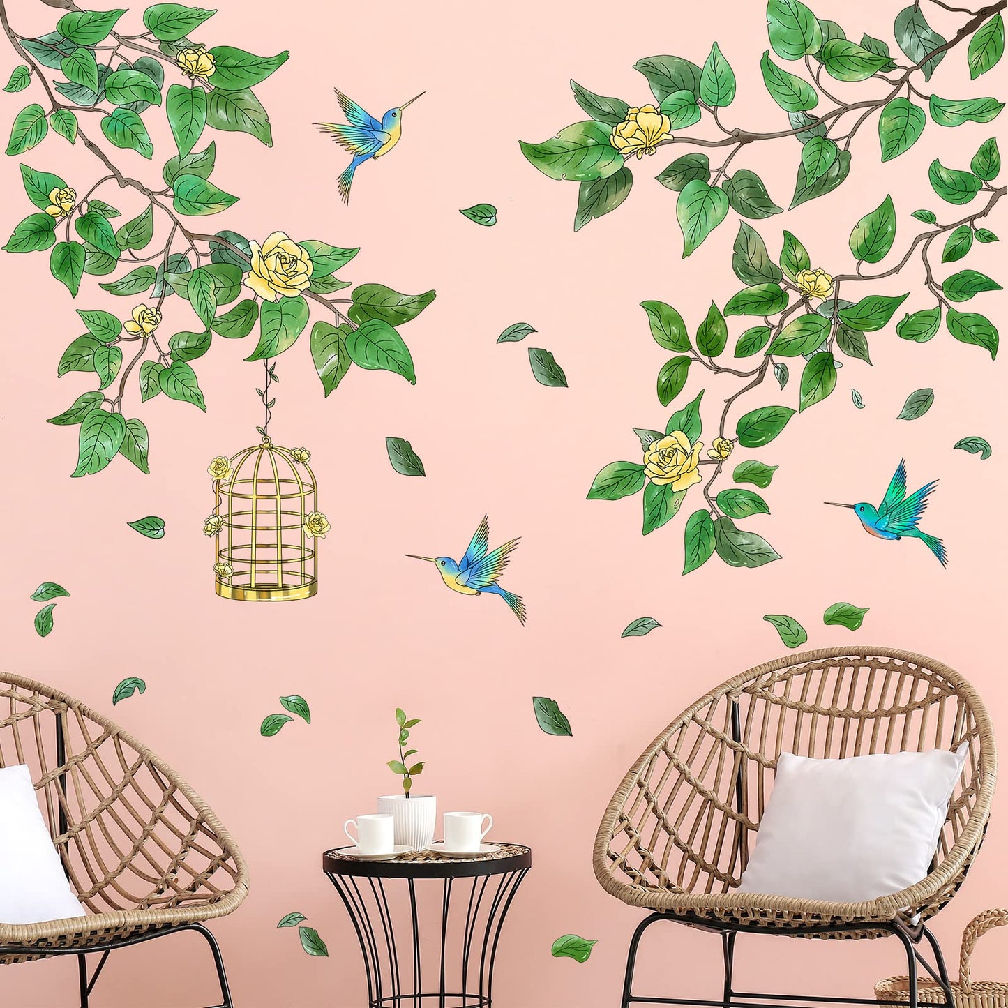Amaonm Removable PVC Two Tree Branches With Green Leaves wall Sticker DIY Peel and Stick Flower and Birds Wall Decals Decor for Kids Girls Boys Bedroom Living Room Nursery Classroom Playroom Wall Background Decoration