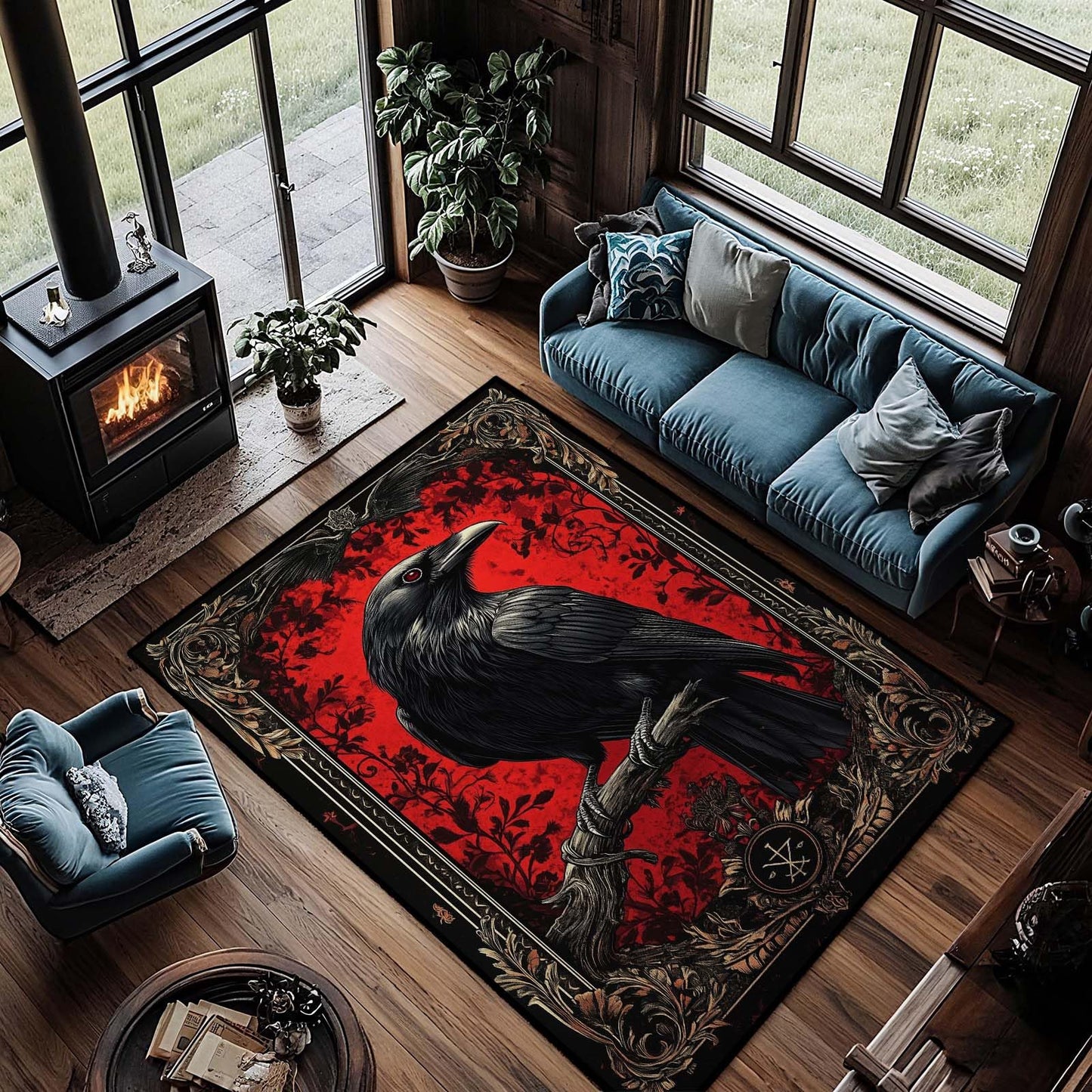 5x7 Gothic Raven Rug, Crow Area Rug, Gothic Rugs for Bedroom, Halloween Rugs, Large Vintage Black Raven Carpet, Soft Washable Non Slip Low Pile Carpet