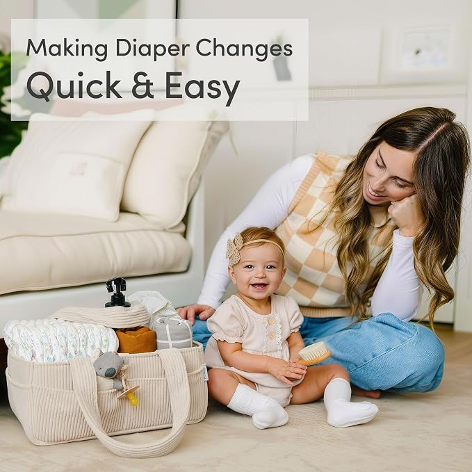 PUTSKA Baby Diaper Caddy Organizer for Changing Table – Stylish Nursery Storage Basket, Newborn Essentials, Baby Shower Gifts and Registry Must-Haves for Boy or Girl, Car Diaper Caddy, Corduroy Cream