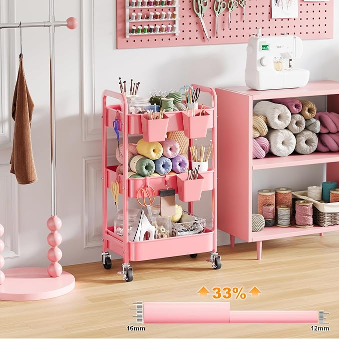 3 Tier Rolling Cart with Wheels, Metal Utility Storage Cart on Wheels, Craft Carts Organizer with Hanging Cups, Hooks, Three Tiered Rolling Carts for Bathroom, Laundry Room, Nursery, Office, Pink