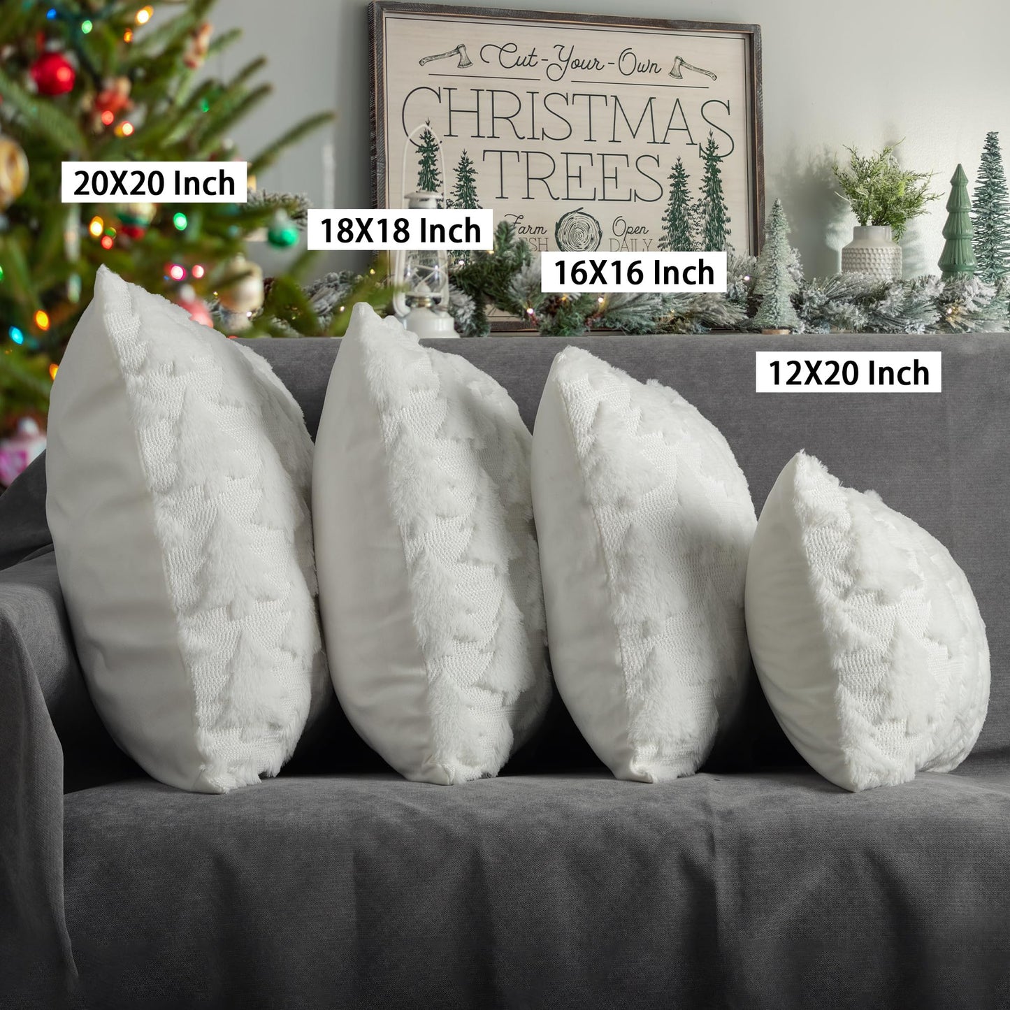 4TH Emotion Christmas Tree Decorative Pillow Covers 18x18 Set of 2, White Soft Plush Faux Fur Farmhouse Throw Cushion Cases for Xmas Winter Holiday Home Decor