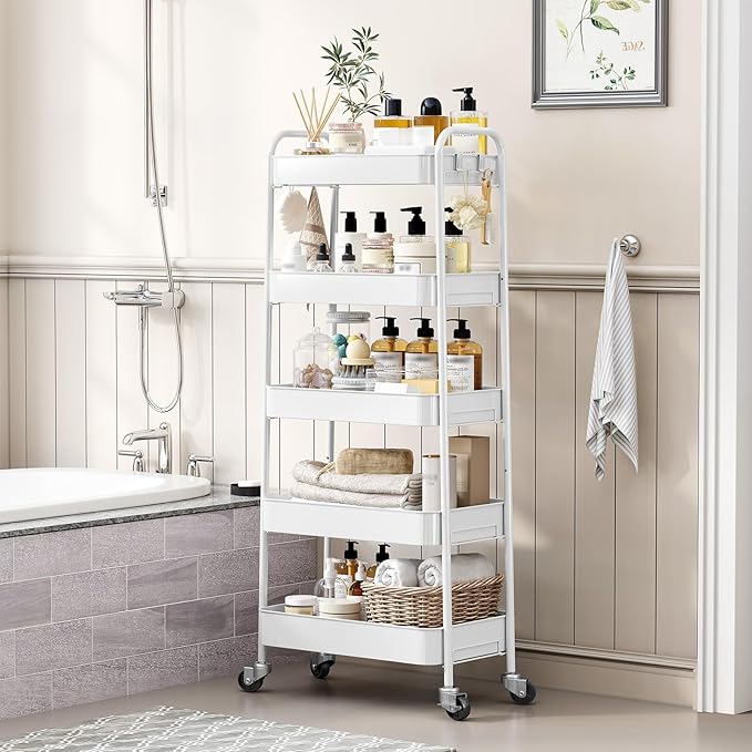 TOOLF 5-Tier Metal Rolling Cart with Wheels, Storage Utility Organizer Cart for Kitchen, Bathroom, Office, Baby Essentials & Makeup - Lockable Casters, Easy Assembly, Large Capacity, White
