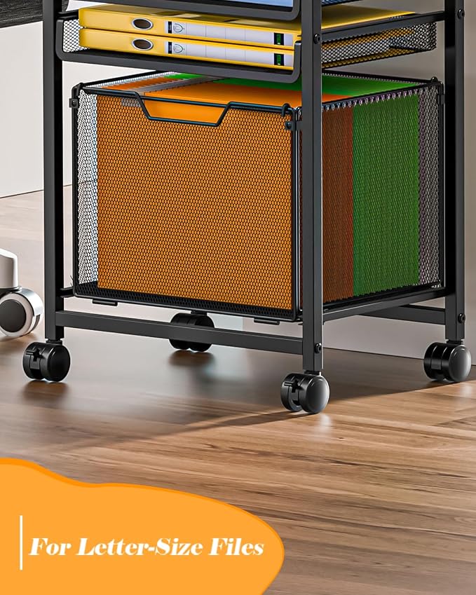 Feyejade Compact 5-Tier Rolling File Cart, Under Desk Metal Filing Cabinet | Printer stand top, sliding mesh trays for binder, letter size file storage, organizer for teachers and home office