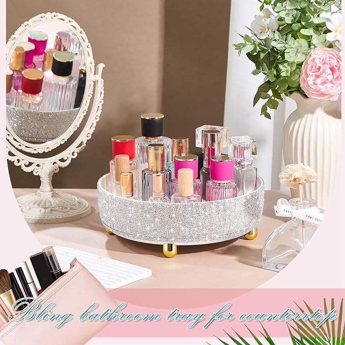 Honeydak Bling Perfume Makeup Organizer Bling Mother's Day Nurses Day Gifts for Women Bathroom Organizers and Storage 360 Rotating Makeup Organizer for Countertop(1 Tier,Rhinestone,White)